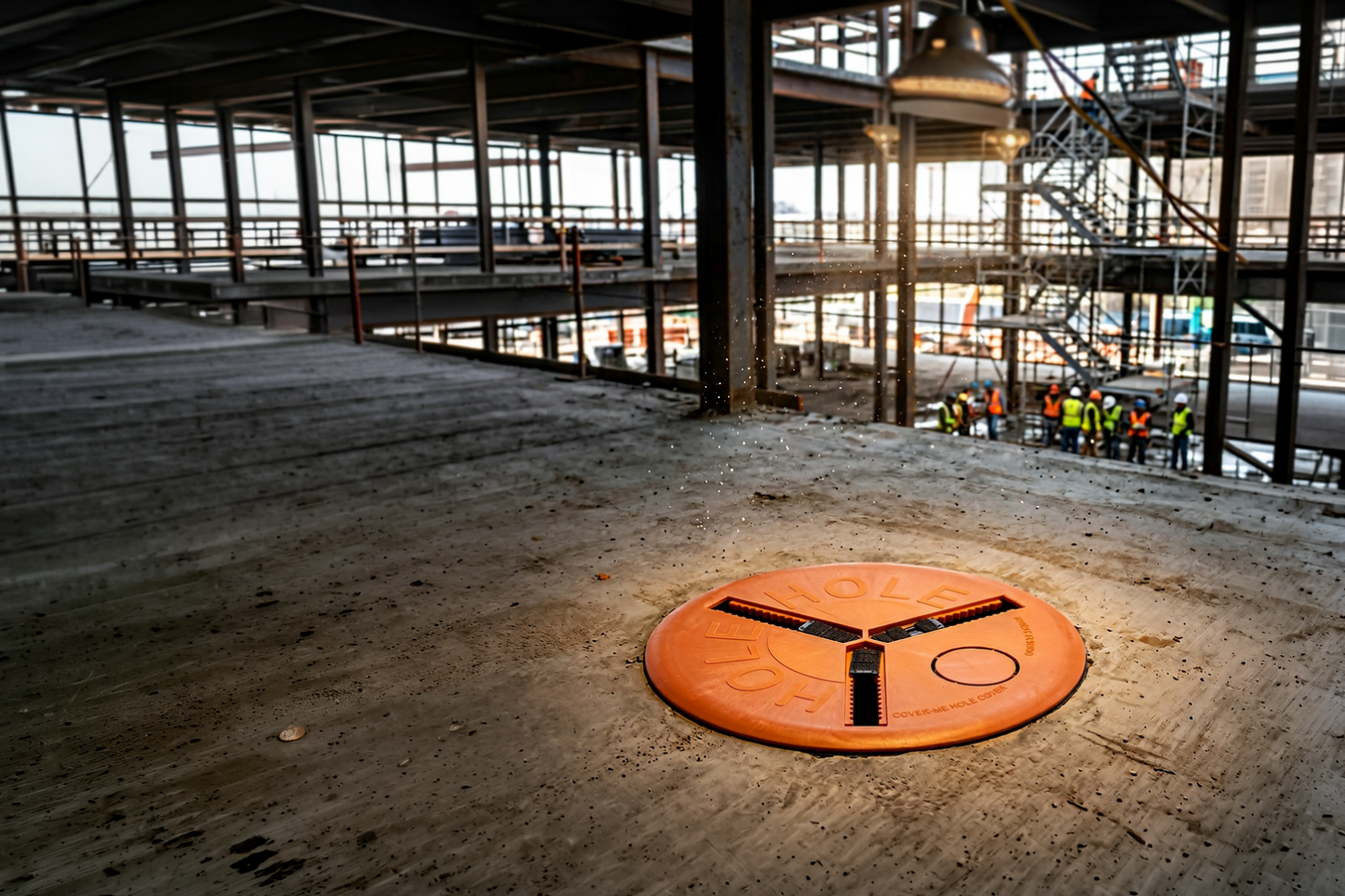 12 to 24 inch adjustable XL round hole cover high visibility orange construction site
