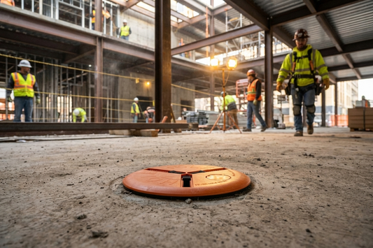 6 to 12 inch adjustable round hole cover high visibility orange construction site